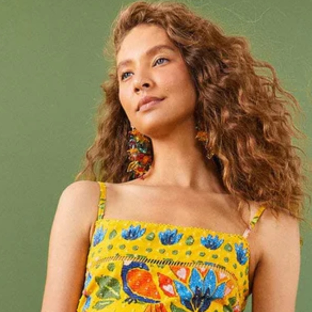 beaded floral tropical dangling earrings for FARM Rio Ad. - Picture 2 of 16